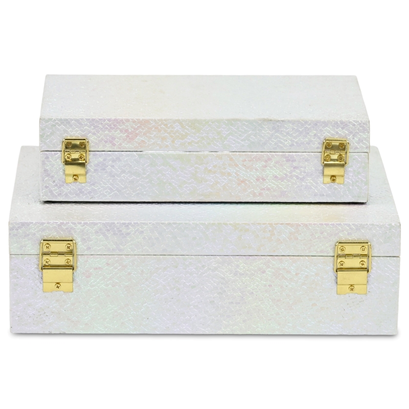 Pemberly Row Seascale Pattern Iridescent Box Set with Gold Handles - White