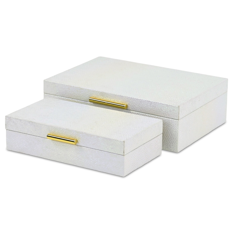 Pemberly Row Seascale Pattern Iridescent Box Set with Gold Handles - White