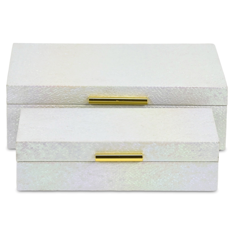 Pemberly Row Seascale Pattern Iridescent Box Set with Gold Handles - White