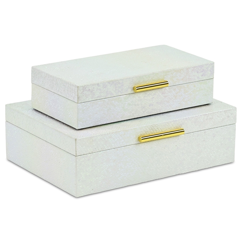 Pemberly Row Seascale Pattern Iridescent Box Set with Gold Handles - White