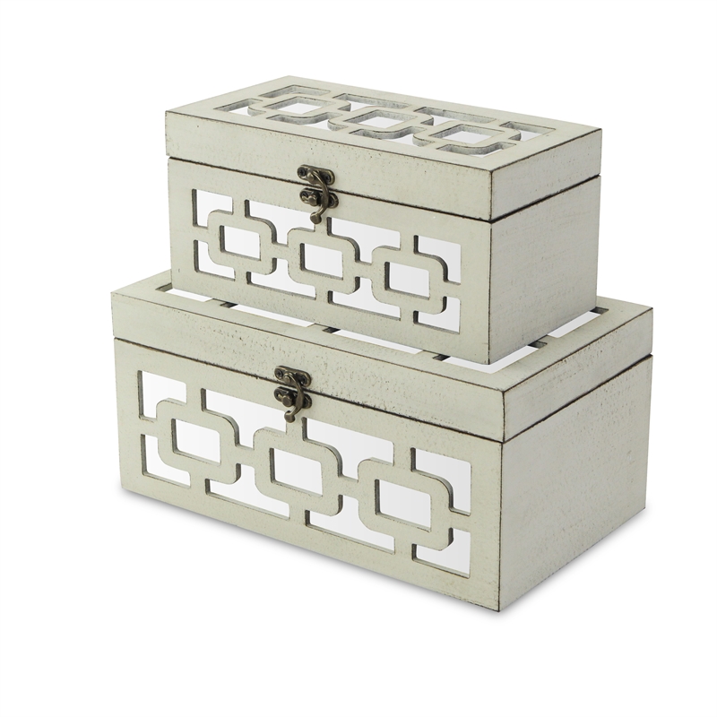 Pemberly Row Tessera Set of 2 Distressed Mirrored Boxes - Off White