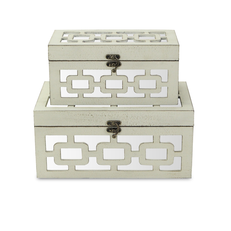 Pemberly Row Tessera Set of 2 Distressed Mirrored Boxes - Off White