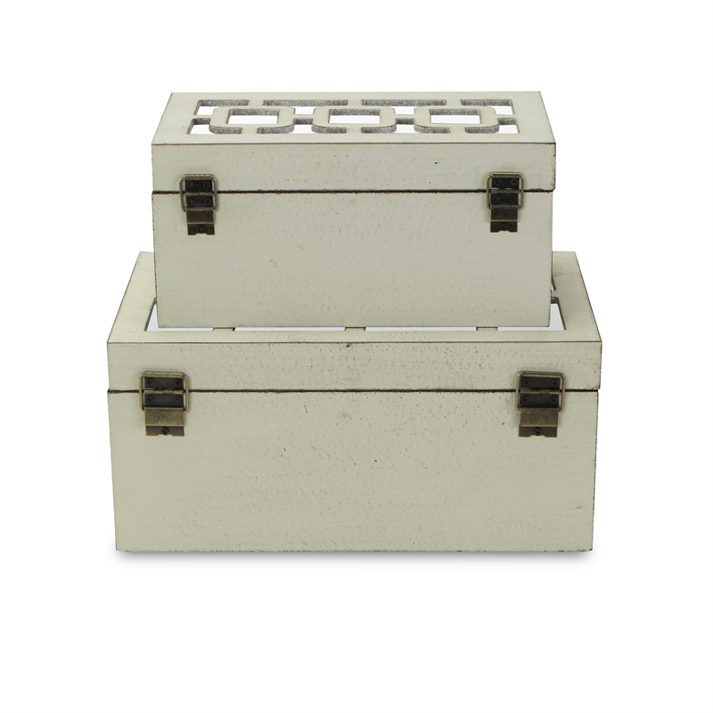 Pemberly Row Tessera Set of 2 Distressed Mirrored Boxes - Off White