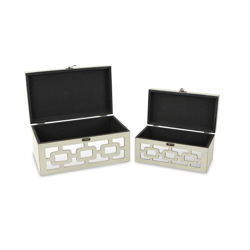 Pemberly Row Tessera Set of 2 Distressed Mirrored Boxes - Off White