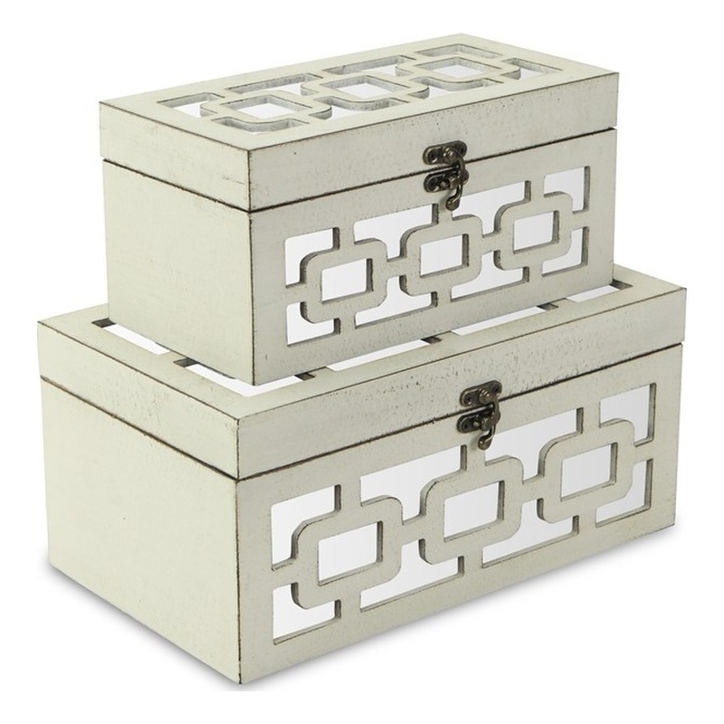 Pemberly Row Tessera Set of 2 Distressed Mirrored Boxes - Off White