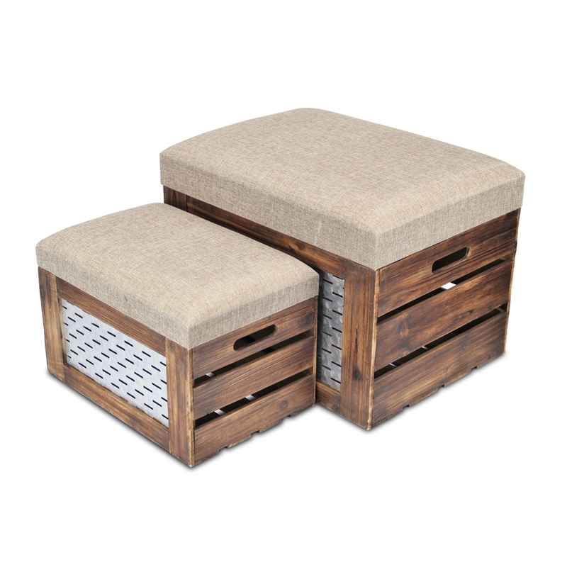 Pemberly Row Nesting Cushioned Wood and Metal Storage Benches Set of 2