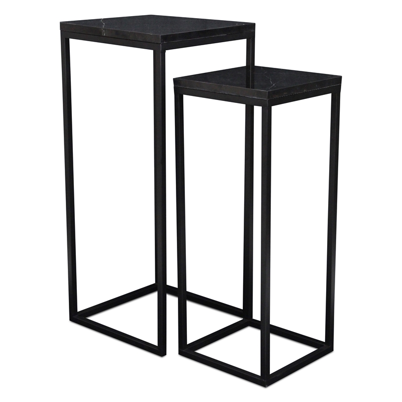 Pemberly Row Set of 2 Square Black Marble Side Tables