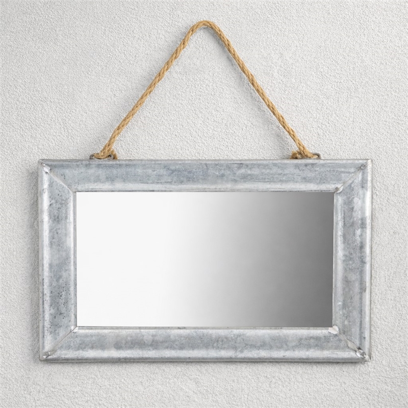 Pemberly Row Galvanized Framed Hanging Mirror with Top Rope