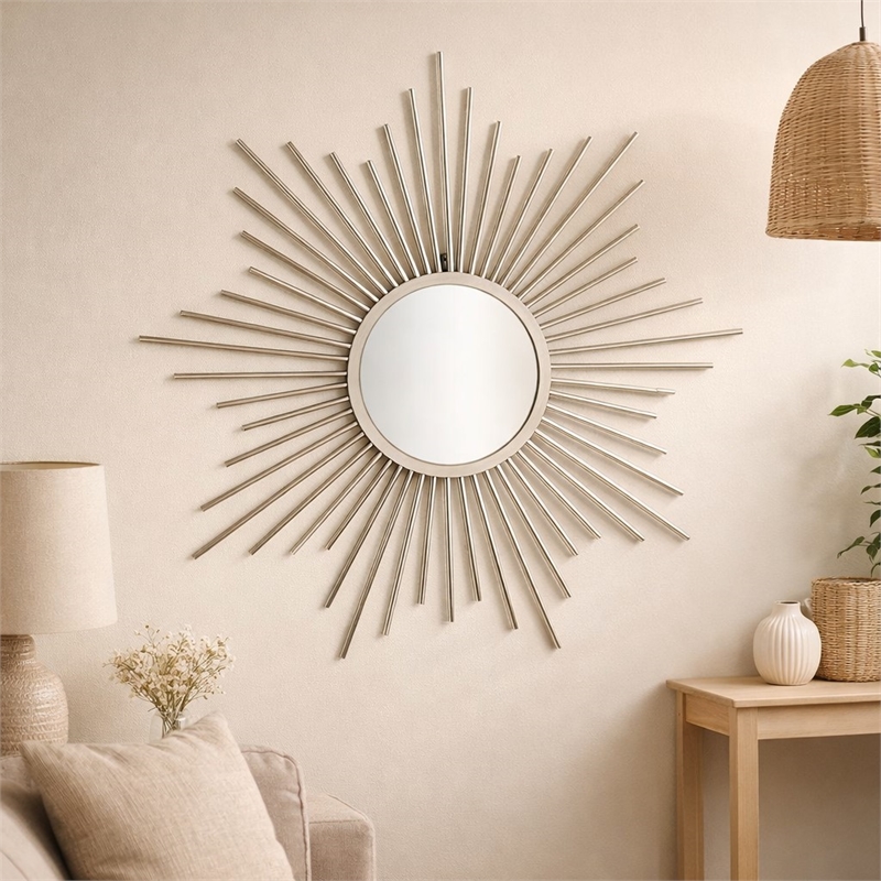 Pemberly Row Silver Metal Sunburst Wall Mirror with Hanging Opening