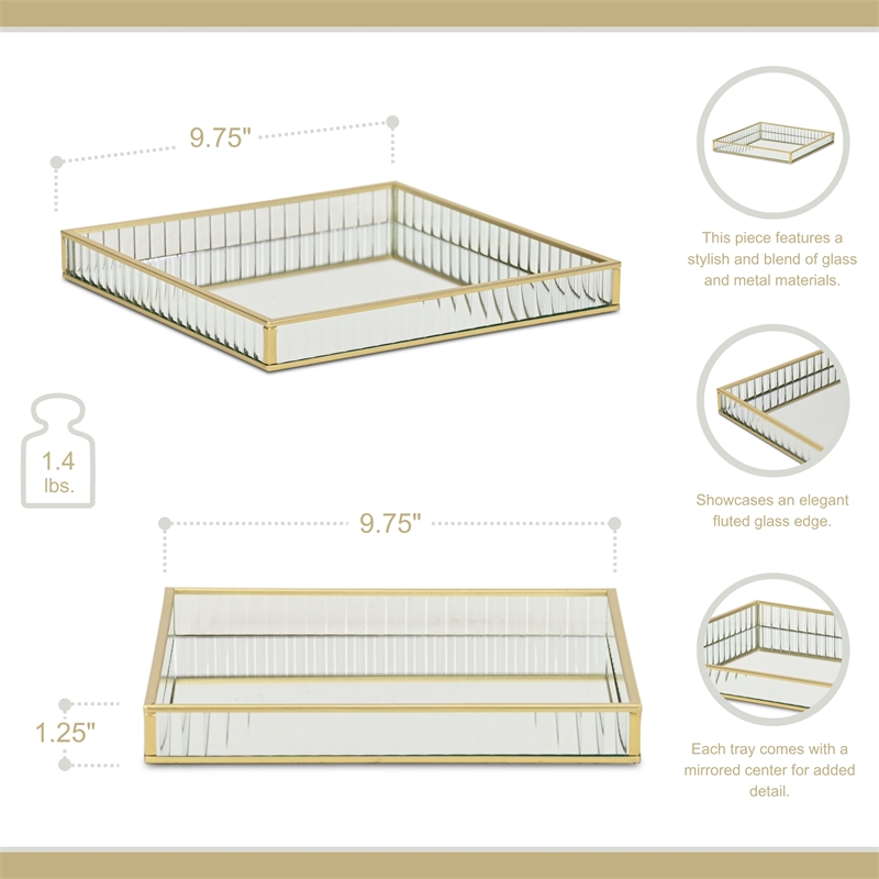 Pemberly Row Gold Square Fluted Glass Tray in 9.75 in