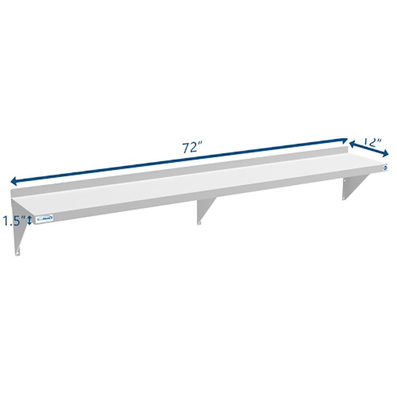 Pemberly Row 12x72 NSF Stainless Steel Wall Mount Shelf for Kitchen in Silver