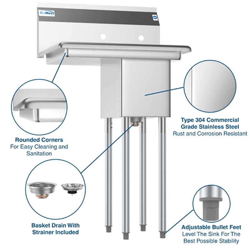 Pemberly Row Silver 10x14x10 Left NSF Steel Kitchen Prep & Utility Sink