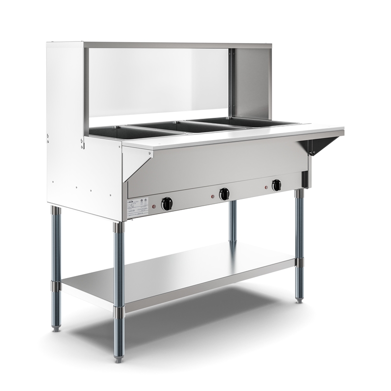 Pemberly Row 3 Pan Open Well Electric Steam Table with Undershelf & Sneeze-Guard