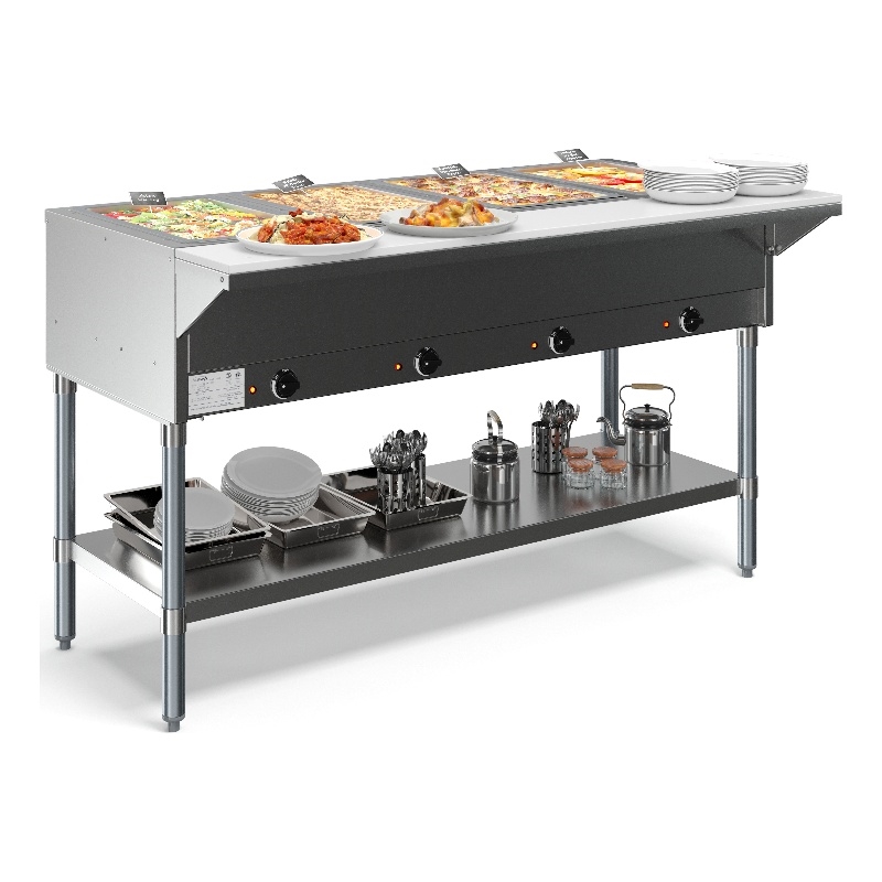 Pemberly Row Four Pan Open Well Electric Steam Table with Undershelf