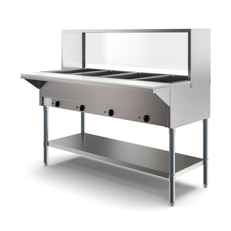 Pemberly Row 4 Pan Open Well Electric Steam Table with Undershelf & Sneeze-Guard