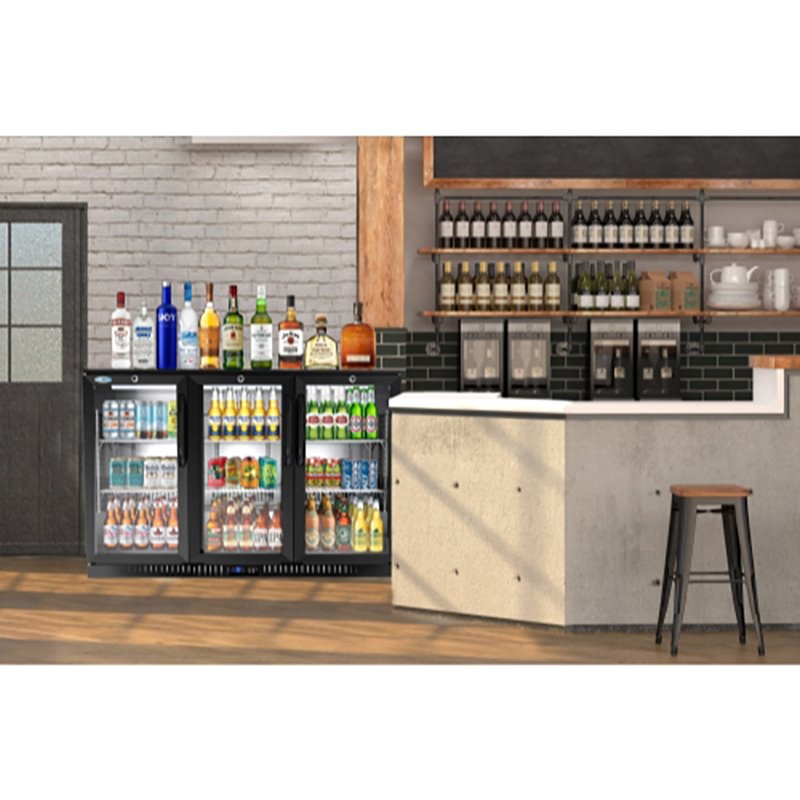 Pemberly Row 3-Door Metal Back Bar Cooler Counter Height Refrigerator in Black