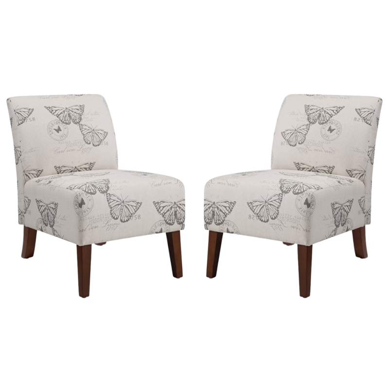 Pemberly Row Set of 2 Accent Chair Wood Legs in Gray Butterfly Printed Fabric