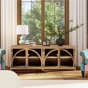 Pemberly Row 65&quot Arched Front Open Shelf TV Stand Media Cabinet in Natural Brown
