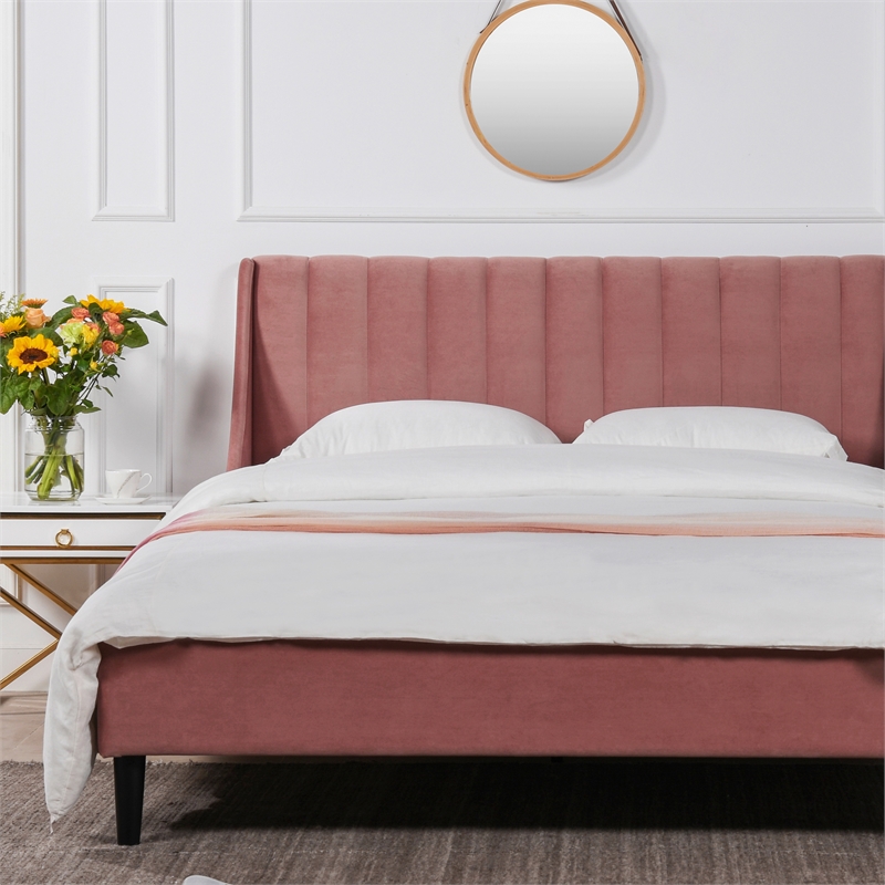 Pemberly Row Contemporary Queen Upholstered Platform Bed in Ash Rose