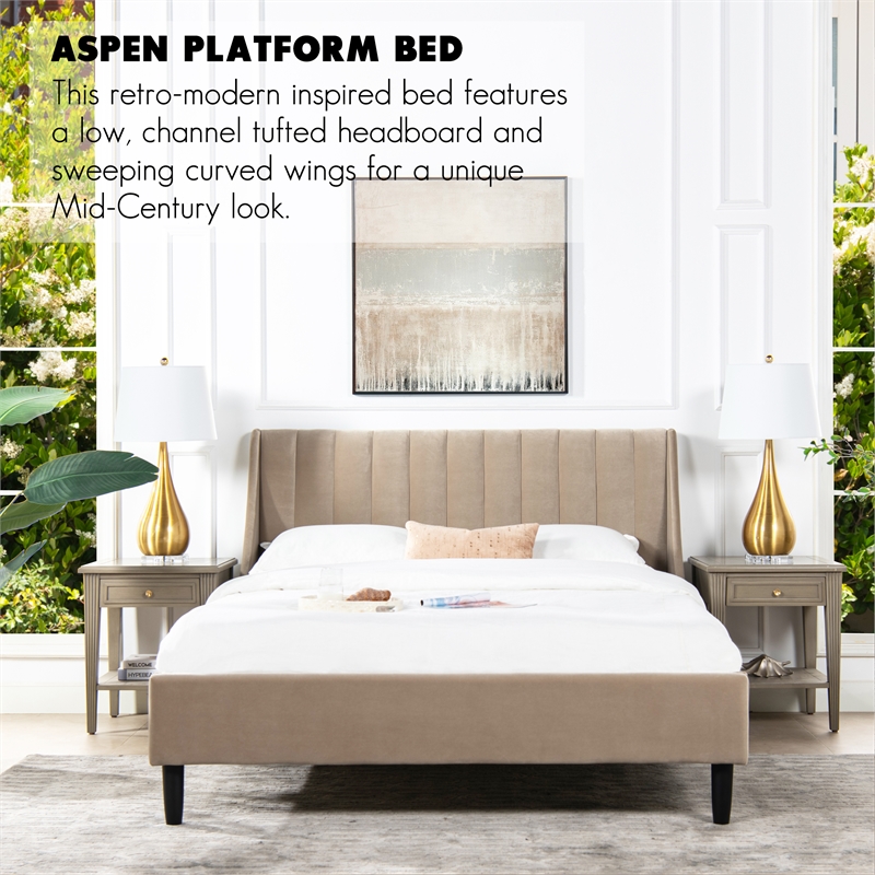 Pemberly Row Contemporary Queen Upholstered Platform Bed in Mink Beige