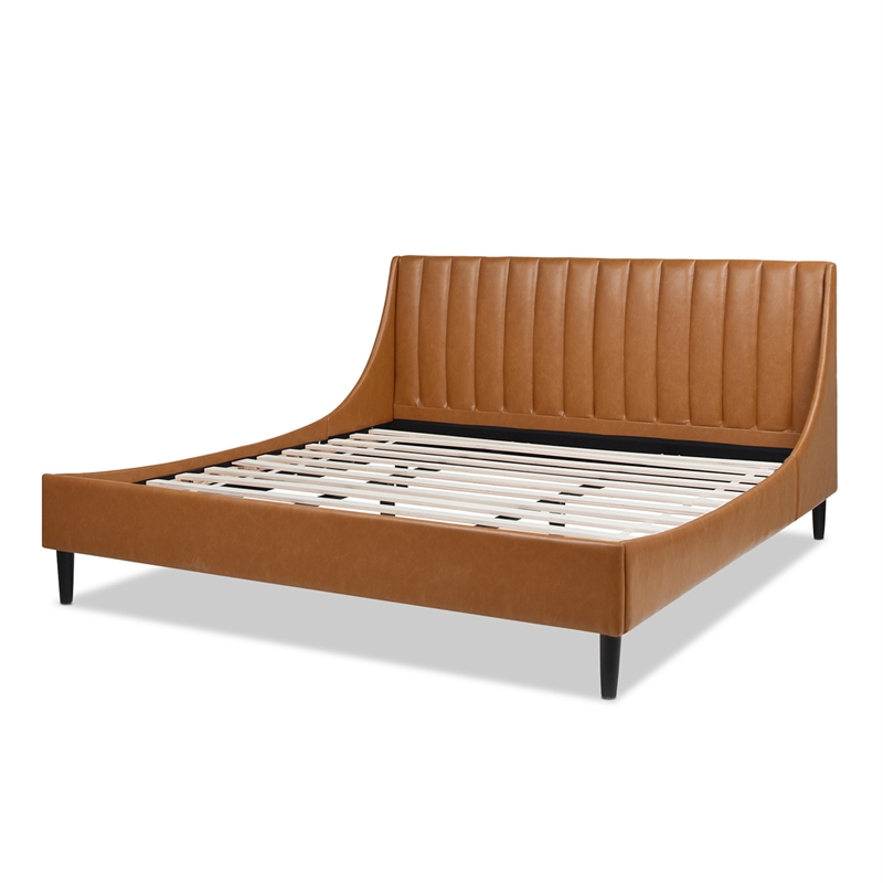 Pemberly Row King Tufted Headboard Platform Bed in Caramel Tan Faux Leather