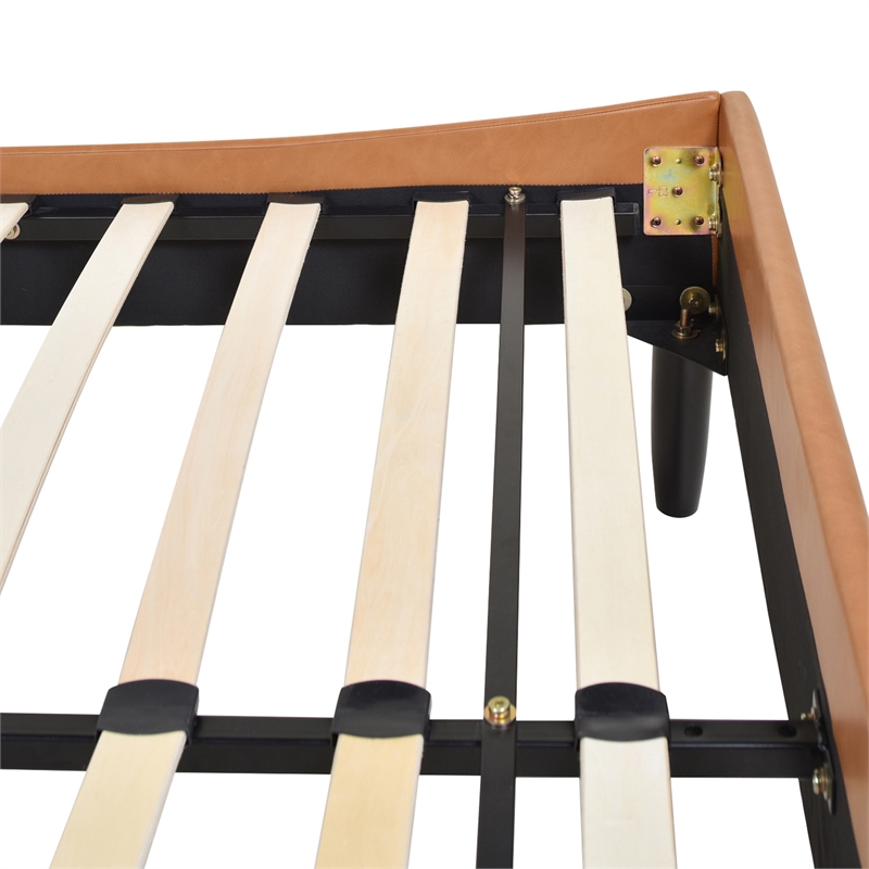 Pemberly Row King Tufted Headboard Platform Bed in Caramel Tan Faux Leather