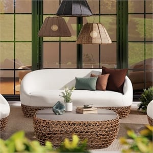 Pemberly Row 40.5&quot Oval Woven Patio Coffee Table in Golden Brown