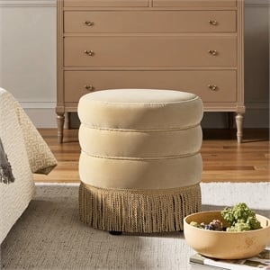 Pemberly Row 17.5&quot Round Upholstered Ottoman with Bullion Fringe in Brown