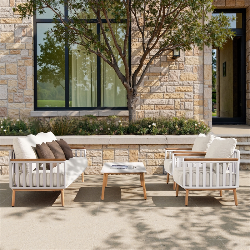 Pemberly Row 2-Piece Teak & Aluminum Outdoor Sofa & Table Patio Set in Sand Dune