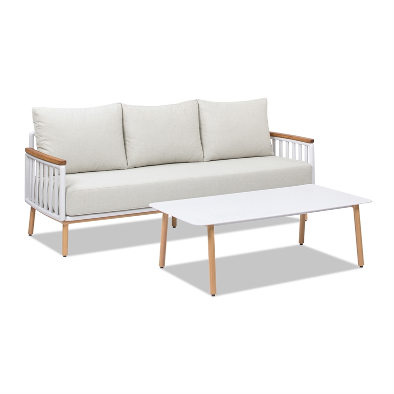 Pemberly Row 2-Piece Teak & Aluminum Outdoor Sofa & Table Patio Set in Sand Dune