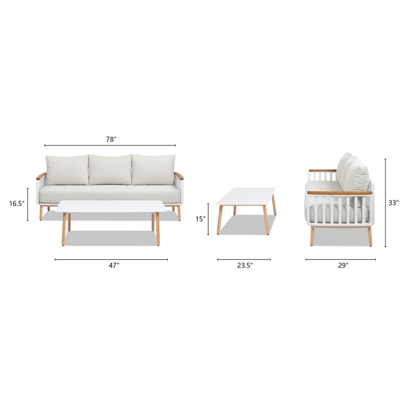 Pemberly Row 2-Piece Teak & Aluminum Outdoor Sofa & Table Patio Set in Sand Dune