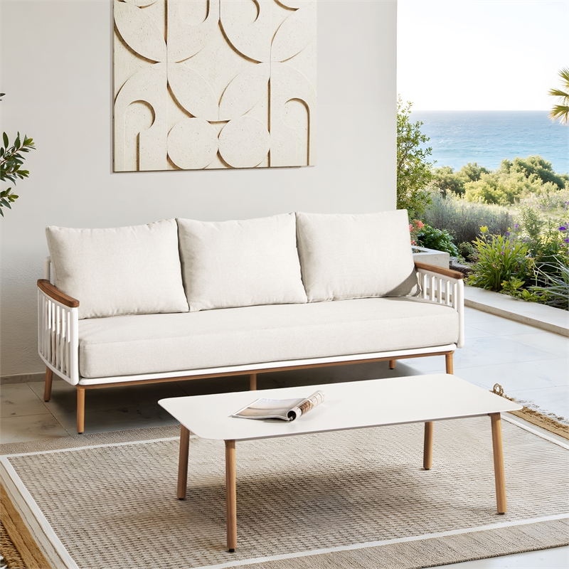 Pemberly Row 2-Piece Teak & Aluminum Outdoor Sofa & Table Patio Set in Sand Dune