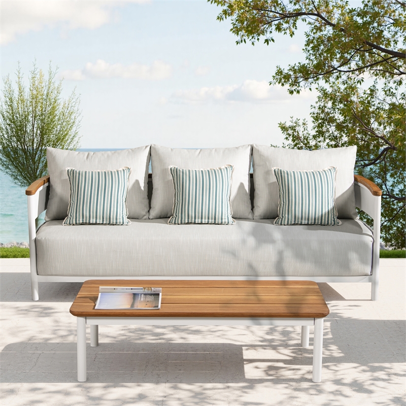 Pemberly Row 2-Piece Teak and Aluminum Outdoor Sofa and Table Patio Set in Gray