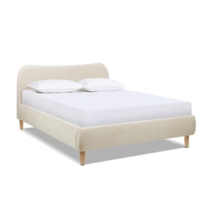 Pemberly Row Queen Curved Headboard Upholstered Platform Bed in Beige Chenille