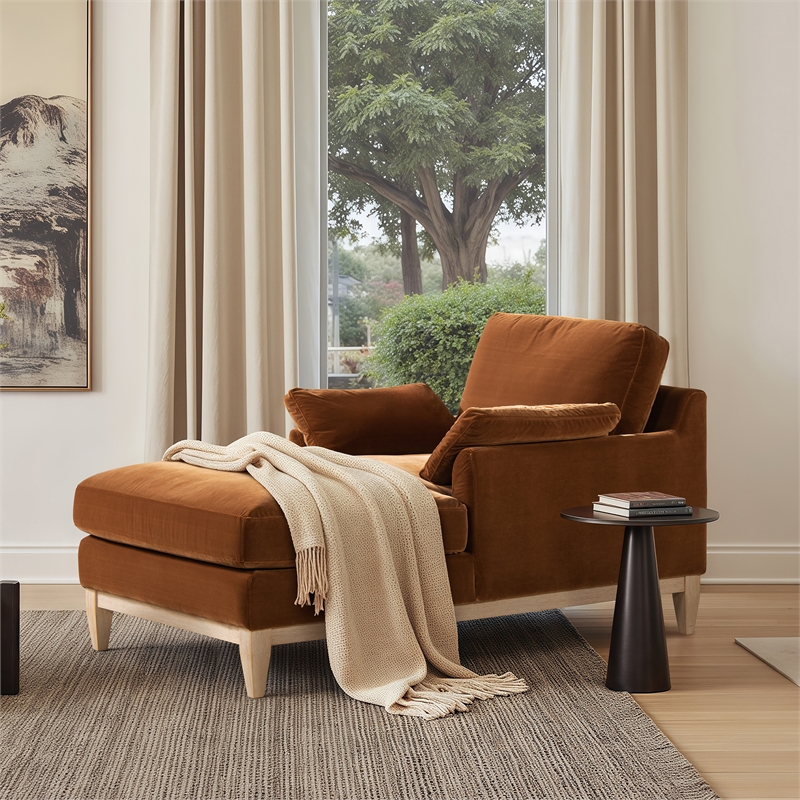 Pemberly Row Farmhouse Chaise Lounge Chair in Burnt Orange Performance Velvet
