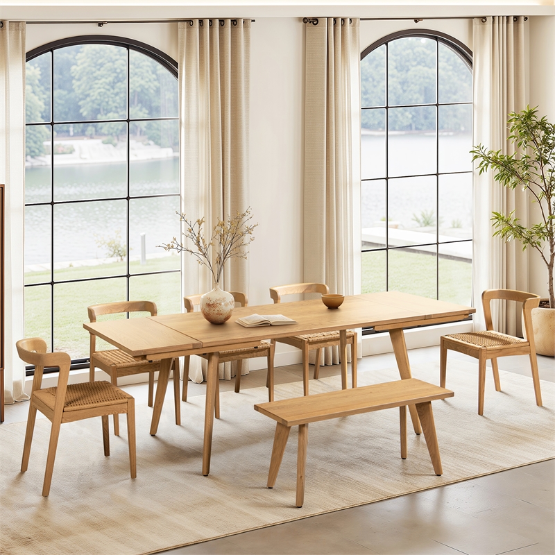 Pemberly Row Solid Oak 7-Piece Extendable Dining Set in Natural Brown