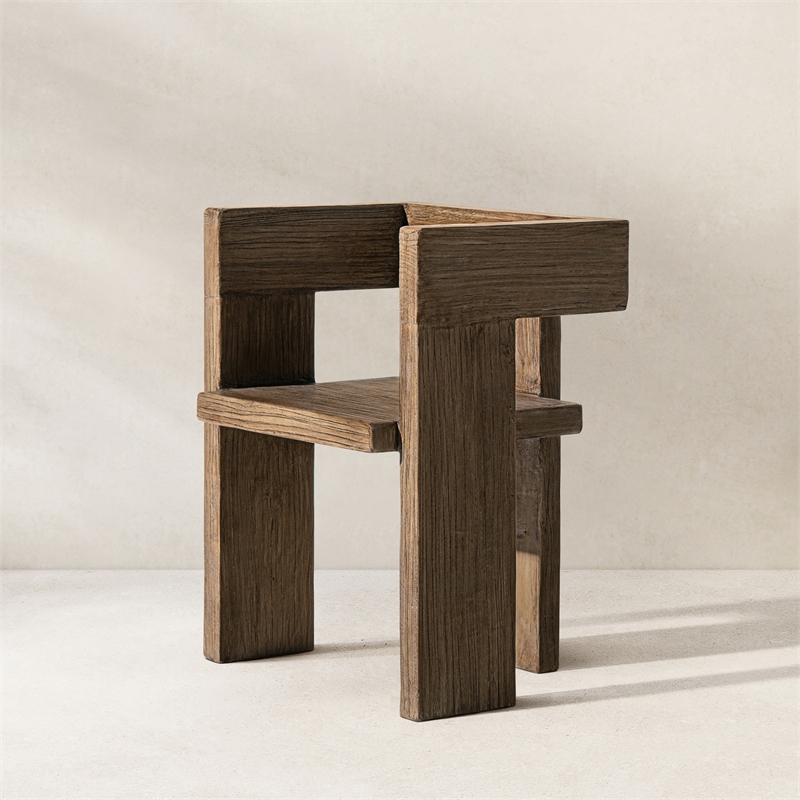 Pemberly Row Reclaimed Elm Sculptural Block Accent Chair in Light Natural Brown