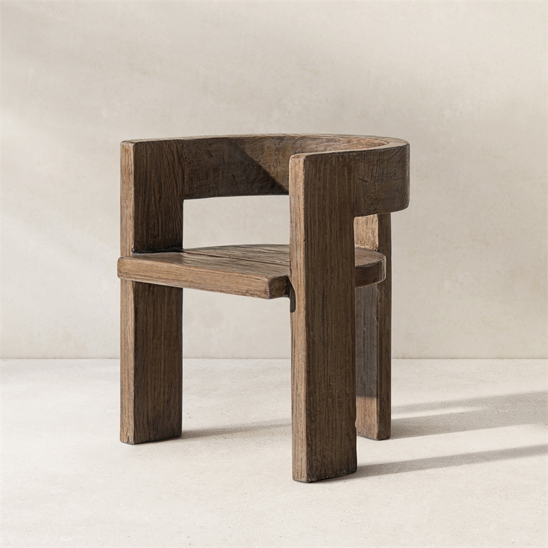 Pemberly Row Reclaimed Elm Sculptural Curved Dining Chair in Medium-Dark Brown