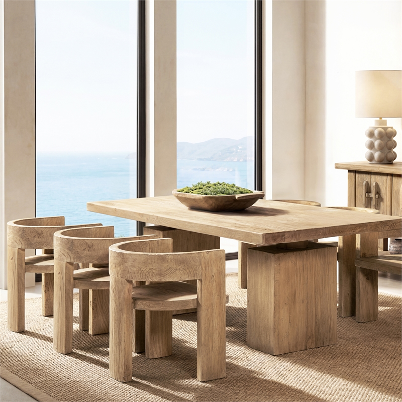Pemberly Row Reclaimed Elm Sculptural Curved Dining Chair in Light Natural Brown