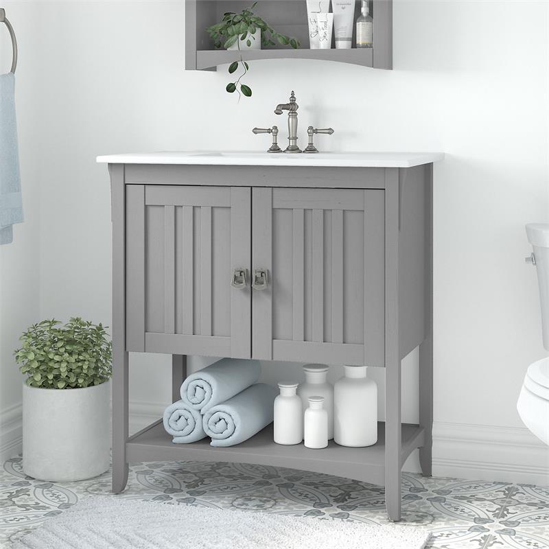Pemberly Row 32W Wall Mounted Bathroom Vanity Cabinet in Cape Cod Gray