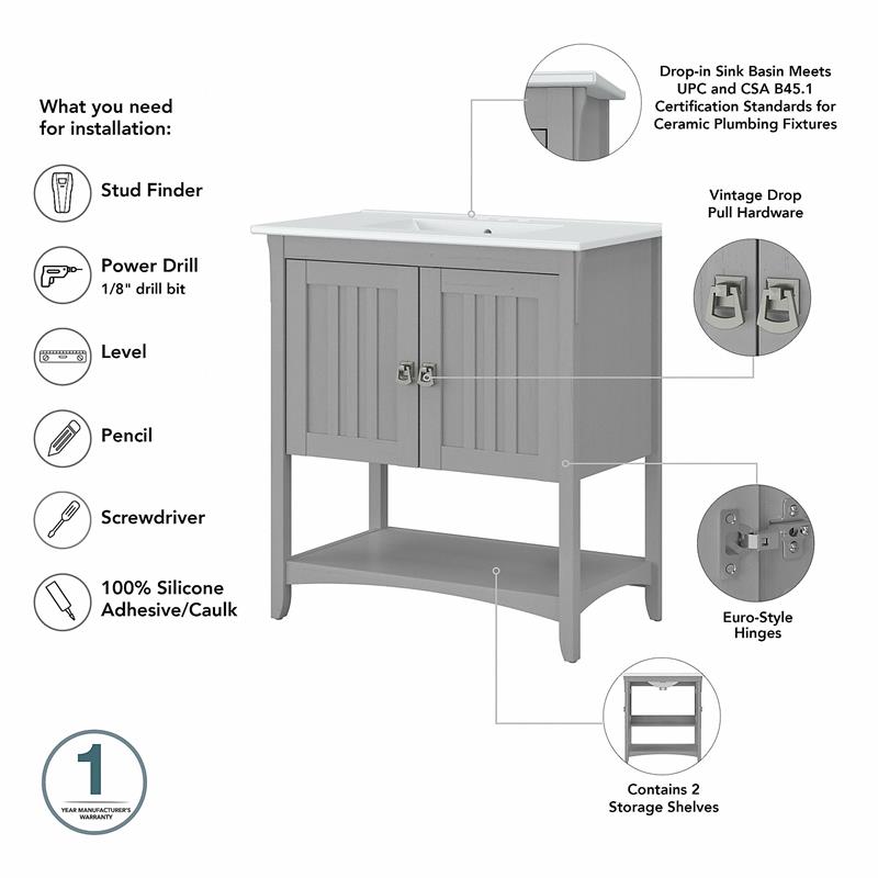 Pemberly Row 32W Wall Mounted Bathroom Vanity Cabinet in Cape Cod Gray