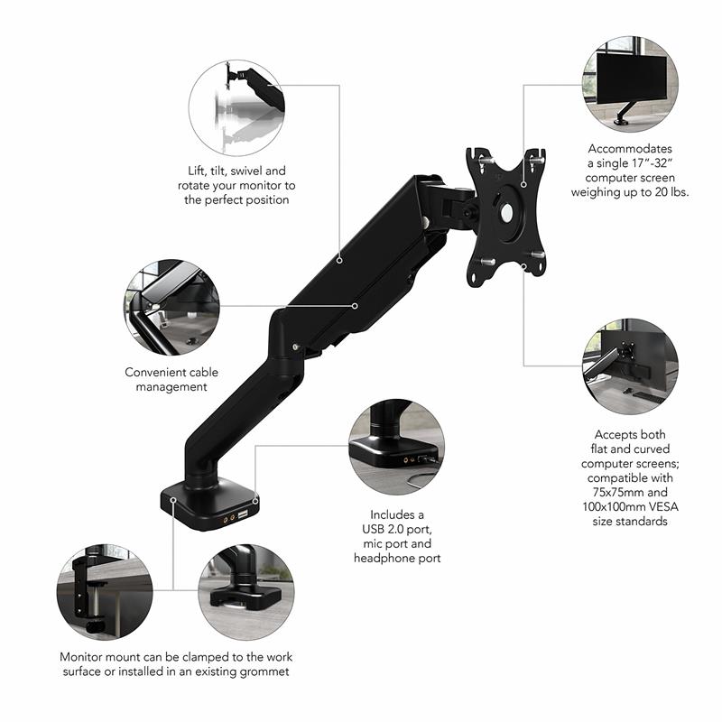 Pemberly Row Adjustable Monitor Arm With USB Port for 17 to 32 Inch Screens