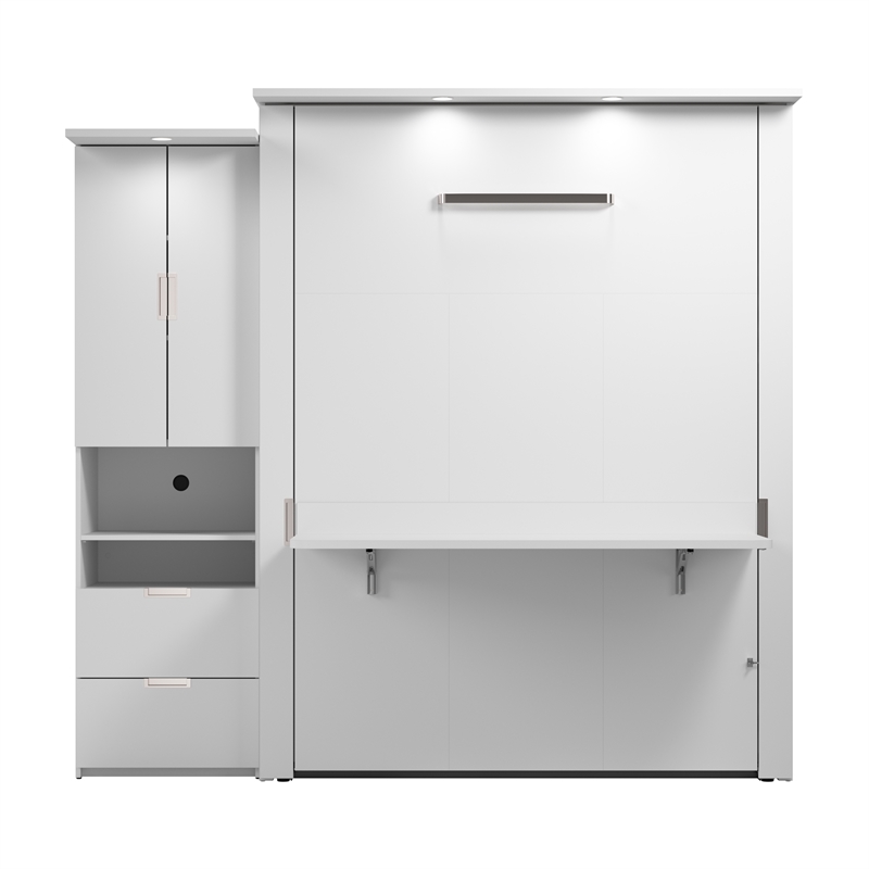 Pemberly Row 91W Queen Murphy Bed Set With Desk and Storage Cabinet in White