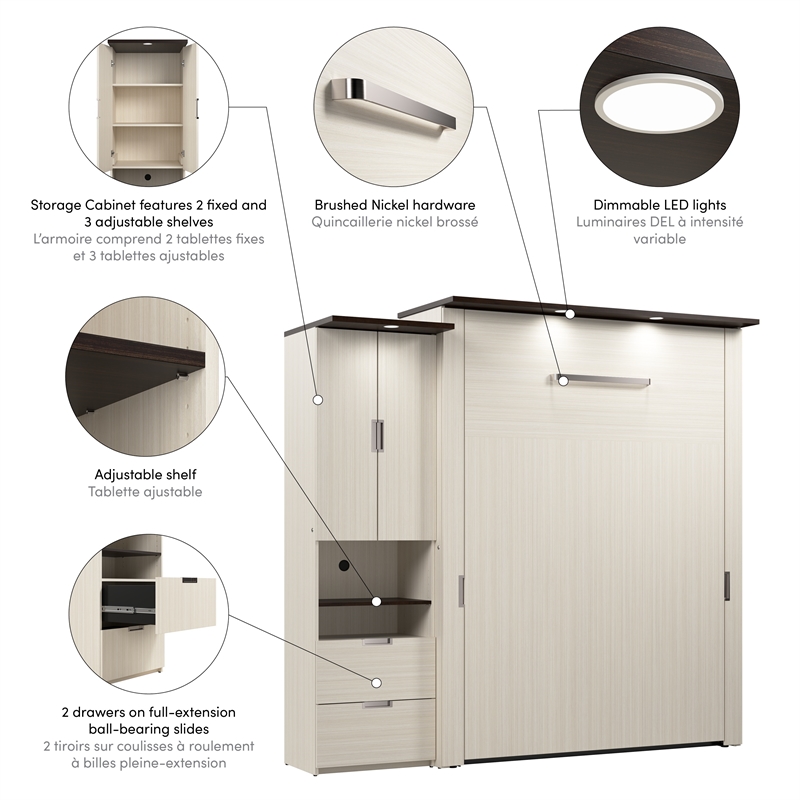 Pemberly Row 91W Queen Murphy Bed With Storage Cabinet in White Chocolate