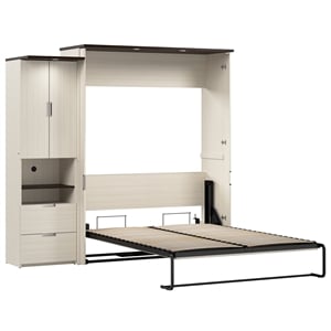 Pemberly Row 91W Queen Murphy Bed With Storage Cabinet in White Chocolate
