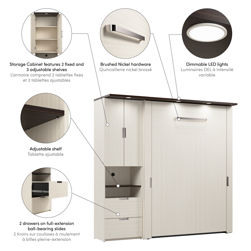 Pemberly Row 84W Full Murphy Bed Set With Storage Cabinet in White Chocolate