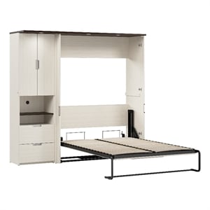 Pemberly Row 84W Full Murphy Bed Set With Storage Cabinet in White Chocolate