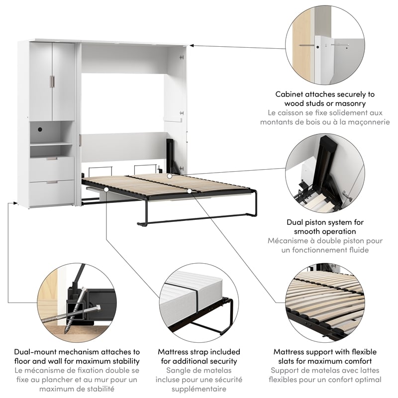 Pemberly Row 84W Full Murphy Bed Set With Desk and Storage in White