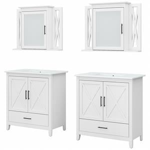 Pemberly Row 64W Double Vanity Set With Sinks and Medicine Cabinets in White Ash