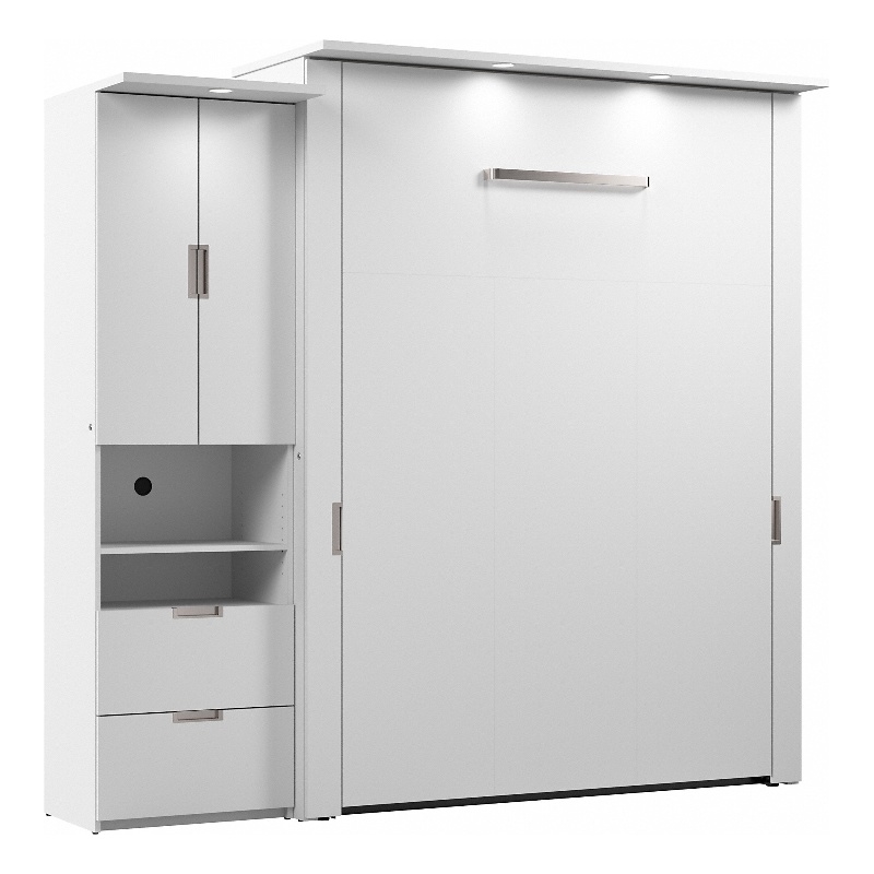 Pemberly Row 91W Queen Murphy Bed With Storage Cabinet in White
